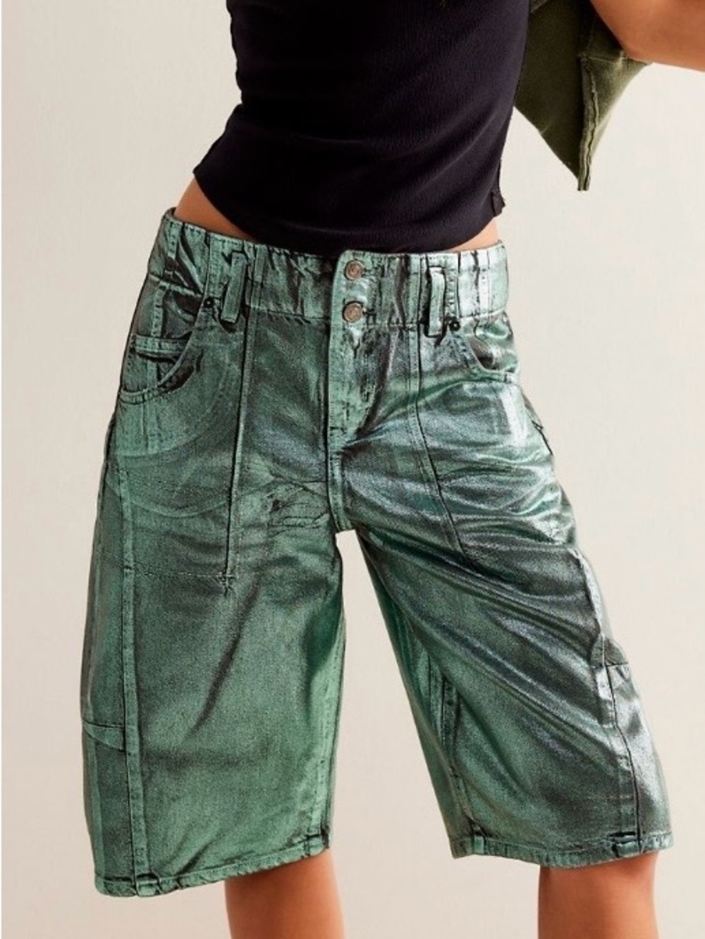 NEW Free People We the Free Extreme Measures Metallic Barrel Jean Denim Shorts